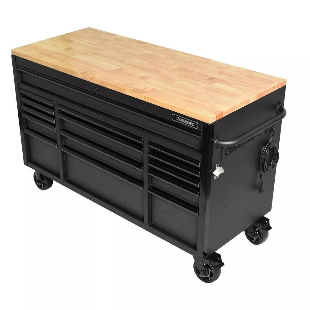 61 Inch 15 Drawer Mobile Workbench - Heavy Duty Steel Tool Cabinet with Wood Top and Power Strip