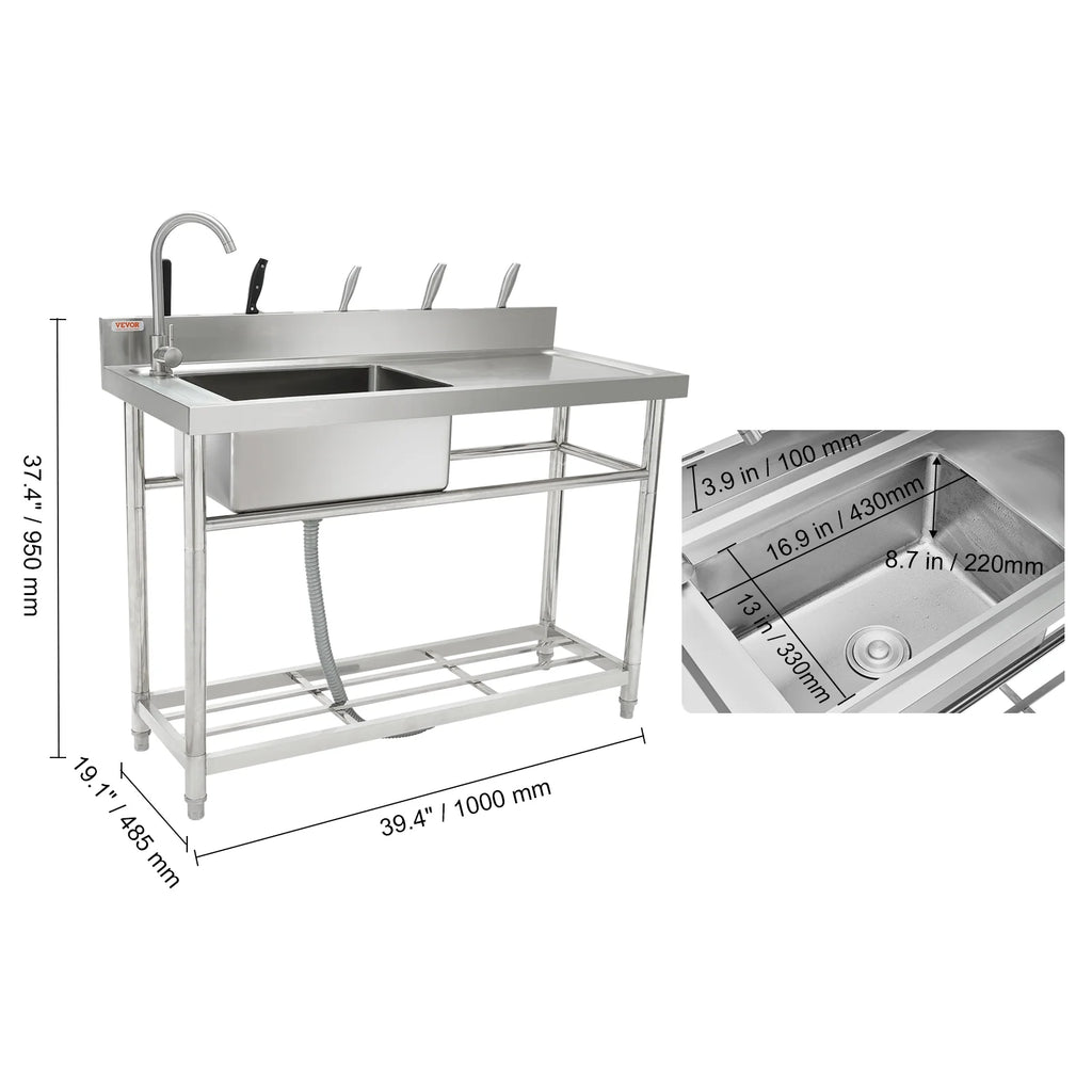 Bentism Silver Stainless Steel 39.4 x 19.1 x 37.4 inches Rectangular Single Bowl Sink