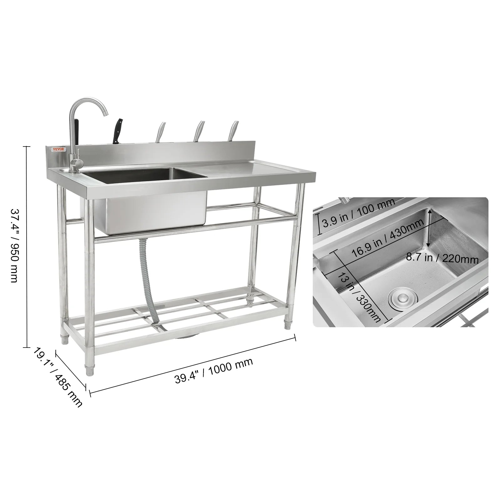 Bentism Silver Stainless Steel 39.4 x 19.1 x 37.4 inches Rectangular Single Bowl Sink