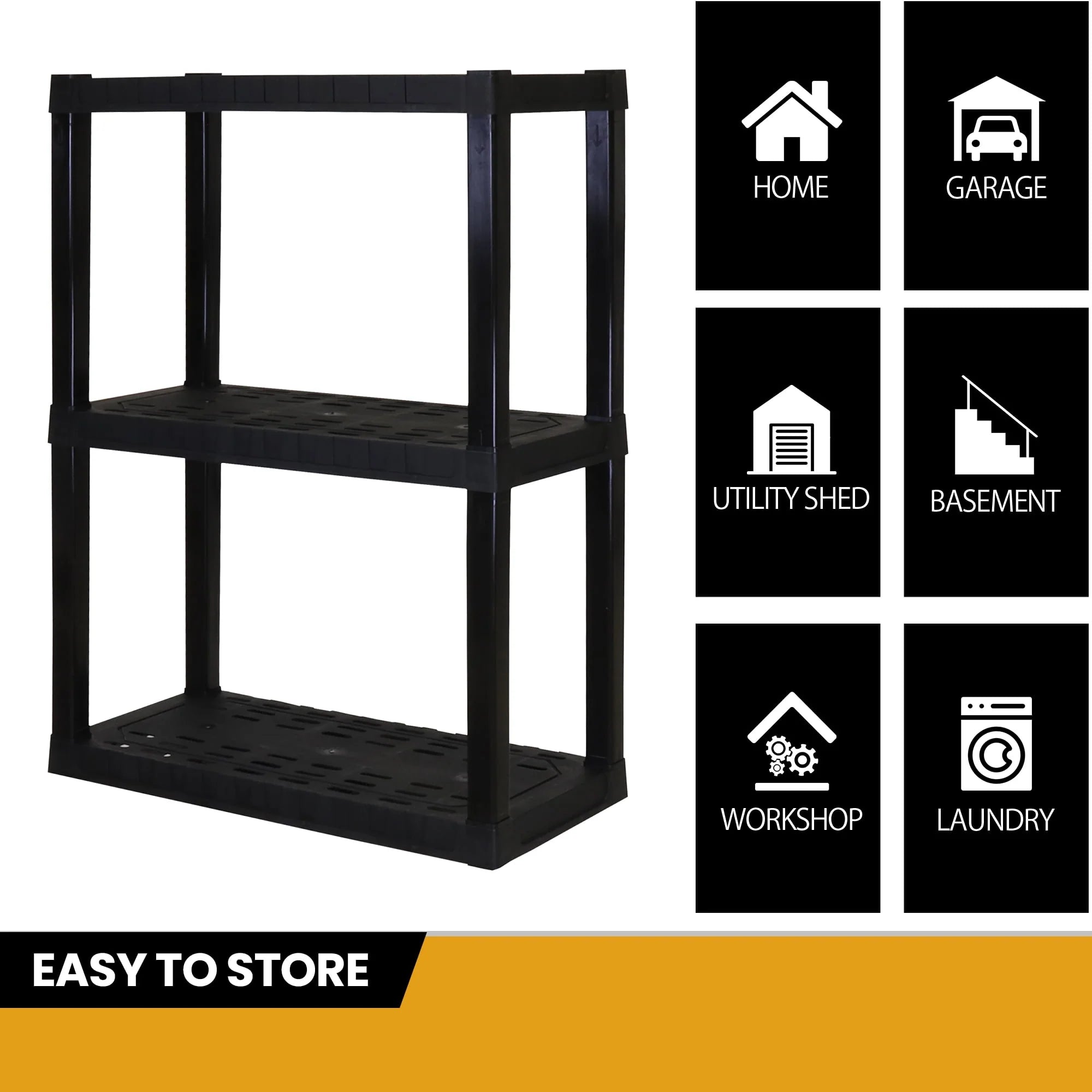 Hyper Tough 3-Tier Shelving Unit, W30 x D14 x H39" Multipurpose Garage Plastic Shelf Organizer, Black