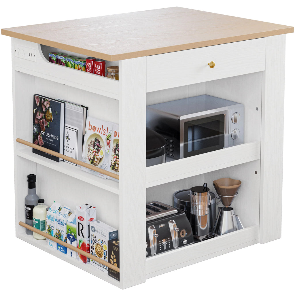 IRONCK Kitchen Island with Large Storage Space and Charging Station, 29.5"D x 39"W x 38"H, White