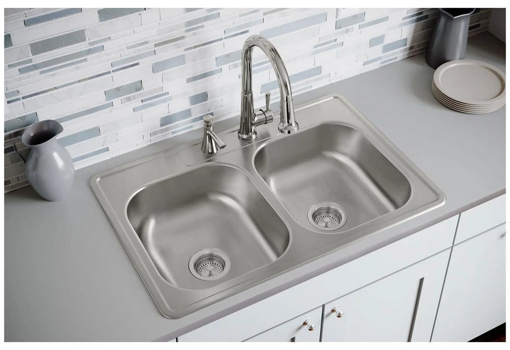 Elkay DD233224 22 Gauge Stainless Steel Double Bowl Top Mount Kitchen Sink, 33 x 22 x 7.0625
