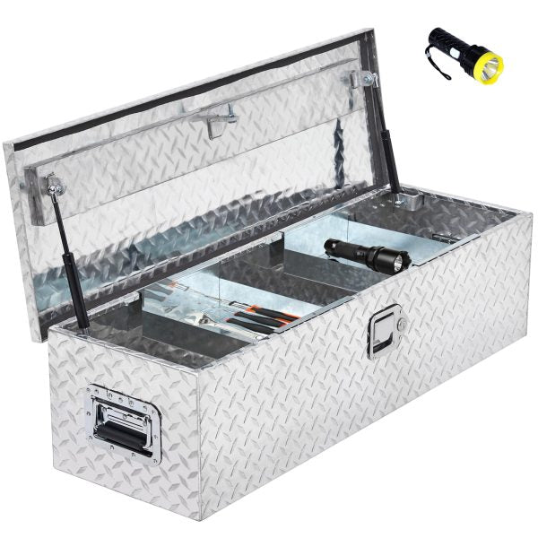 48 Inch Diamond Plate Truck Bed Tool Box with Shelf - Silver Aluminum Storage Box