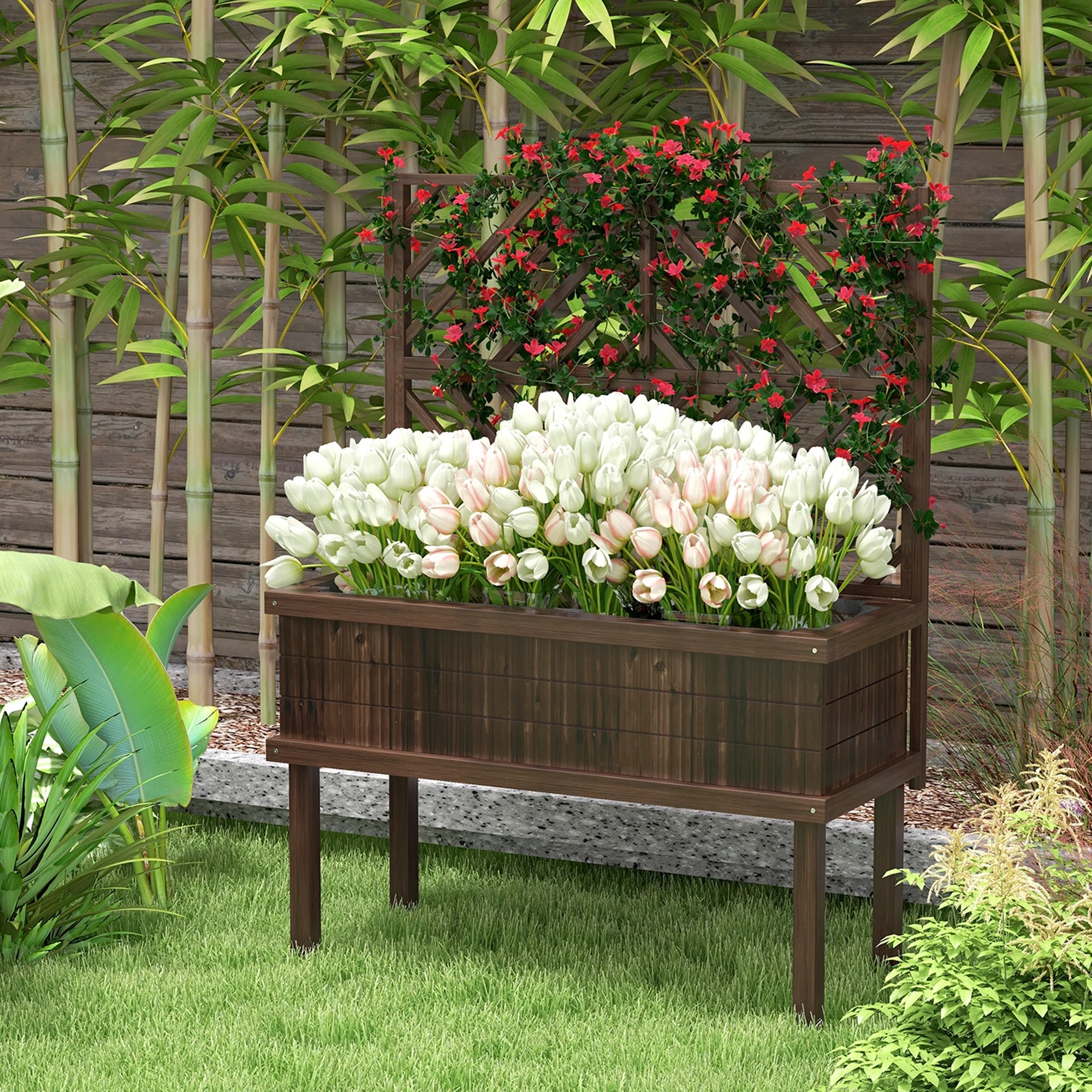GHooa Raised Garden Bed with Trellis for Climbing Plants 41.25" W x 17.75" D x 55" H-Gray