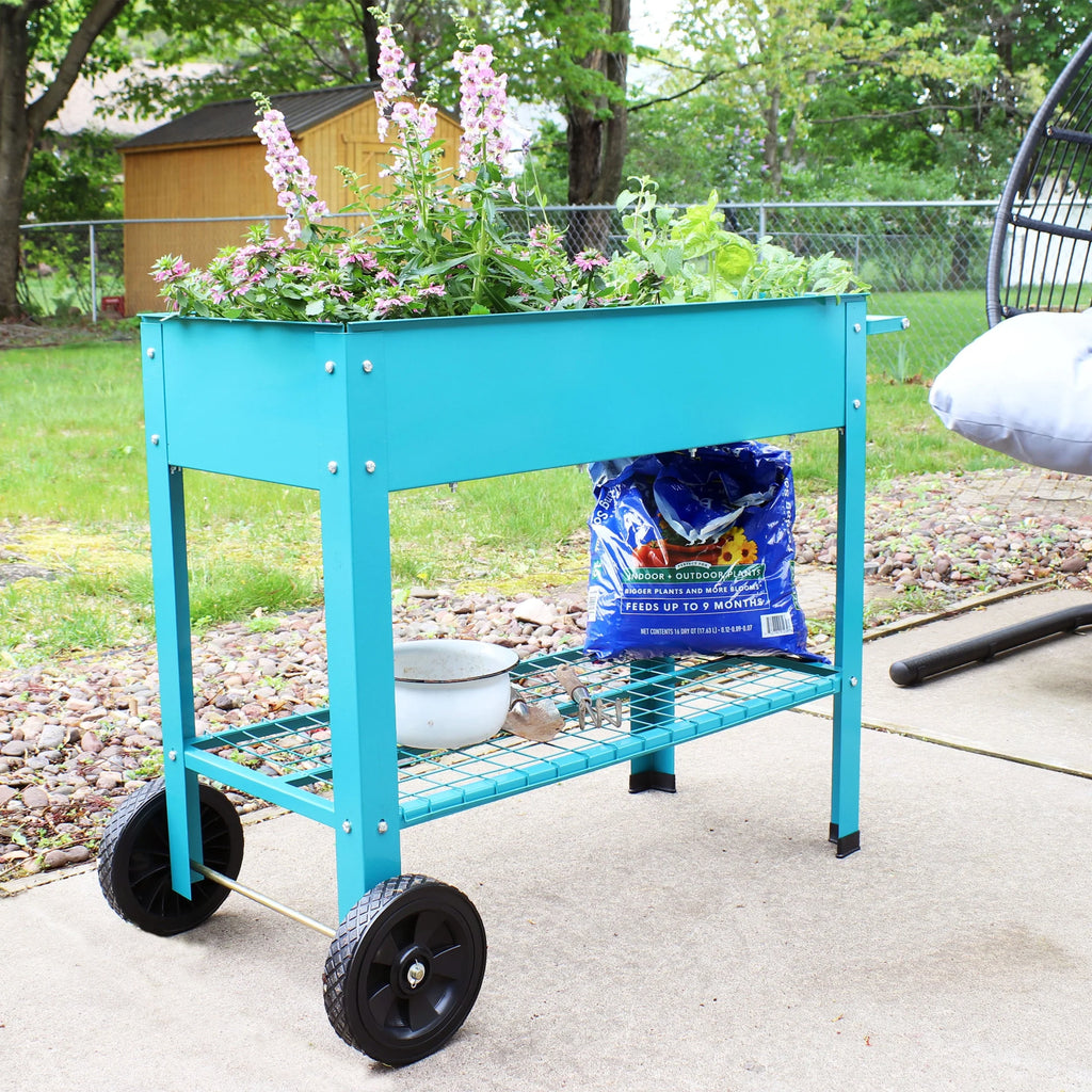 Sunnydaze 43.5" x 20.75" x 31.75" Blue Galvanized Steel Raised Garden Bed Cart with Wheels